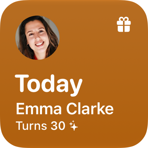 O widget pequeno do Honeyday em âmbar: hoje Emma Clarke faz 30 anos